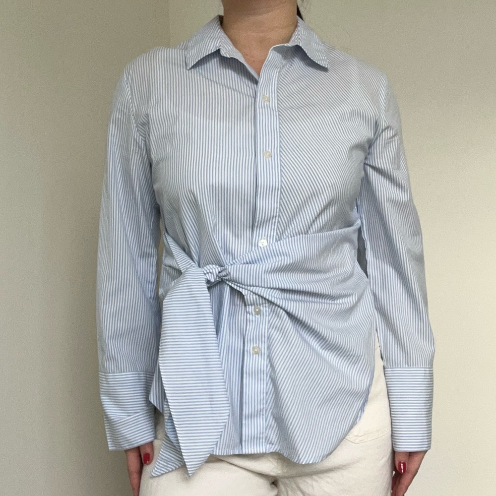 Blue Striped Abercrombie & Fitch Preppy Button Down Blouse with Cinch Waist- L